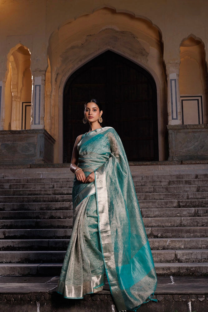 Turquoise Blue Crinkled Tissue Saree