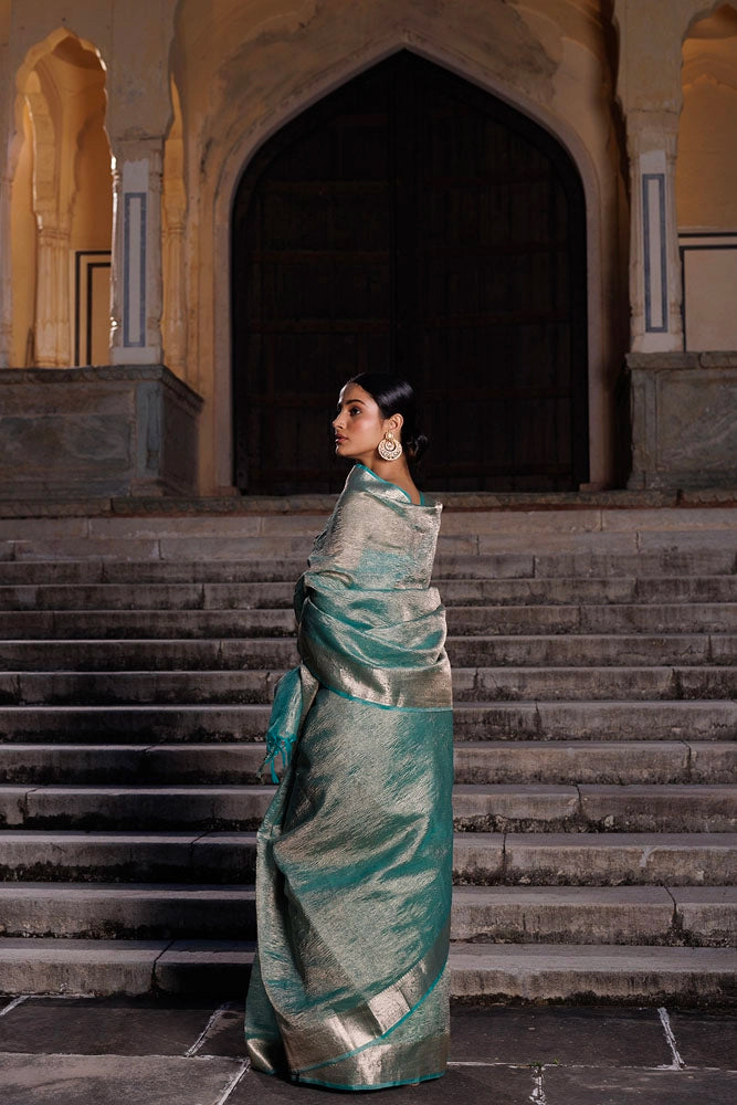 Turquoise Blue Crinkled Tissue Saree
