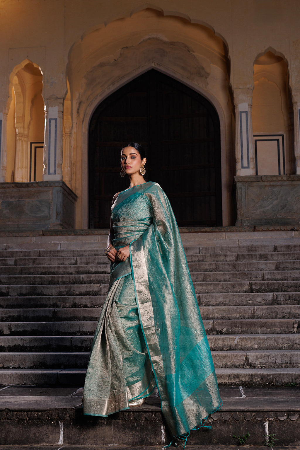 Turquoise Blue Crinkled Tissue Saree
