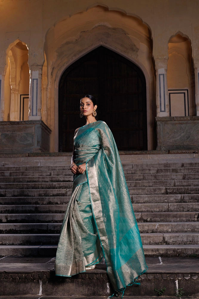 Turquoise Blue Crinkled Tissue Saree