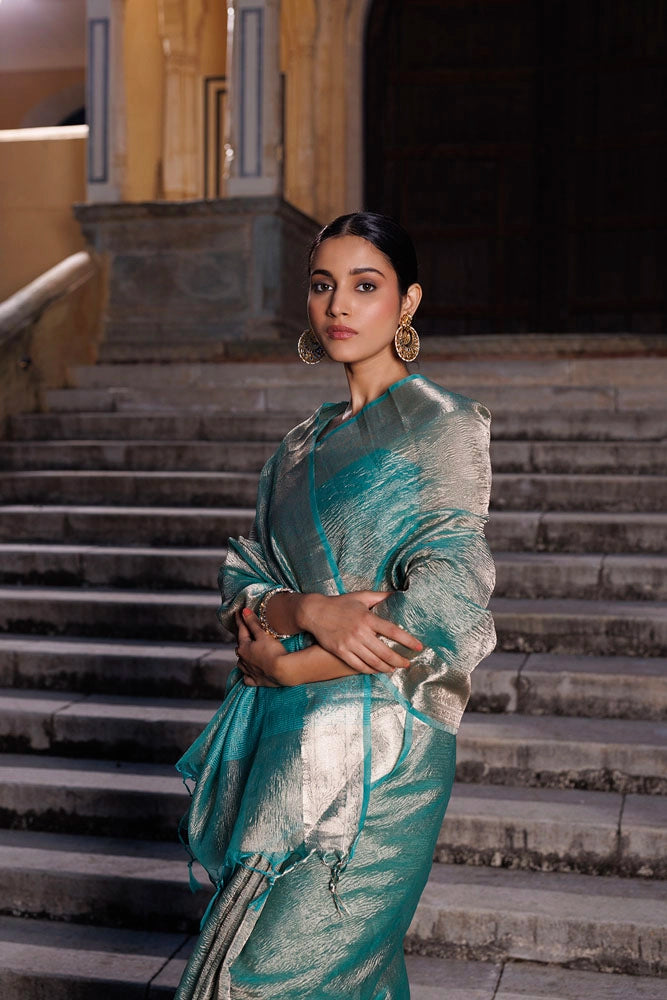 Turquoise Blue Crinkled Tissue Saree