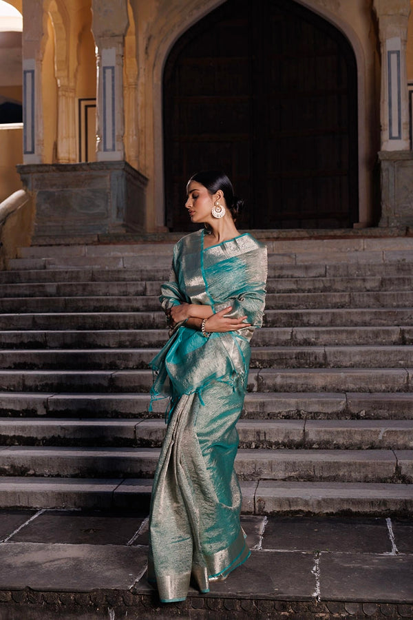 Turquoise Blue Crinkled Tissue Saree