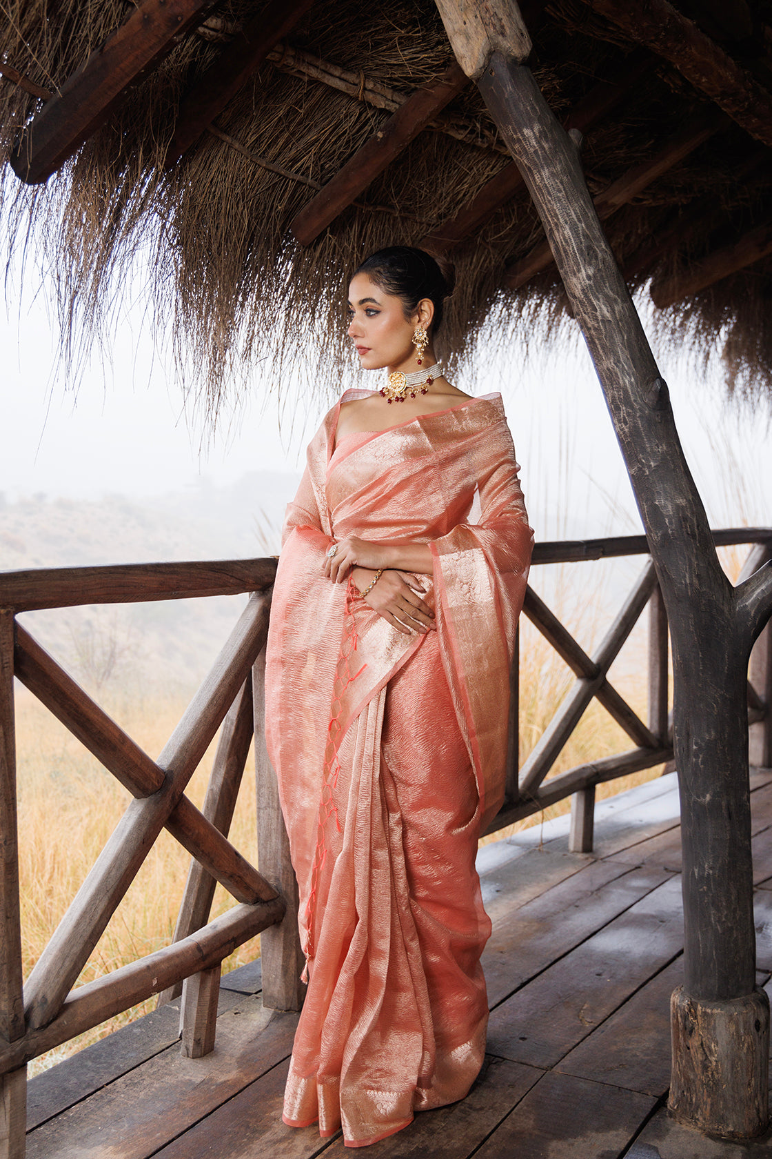 Peach Crinkle Tissue Saree