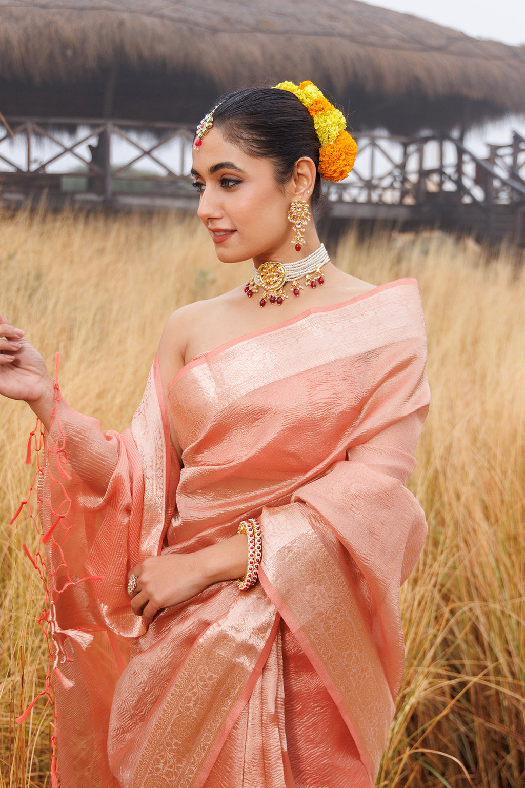 Peach Crinkle Tissue Saree