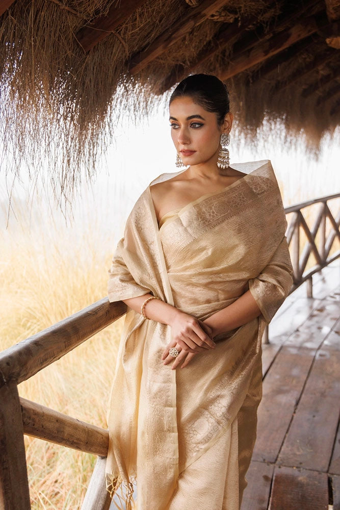 Beige Crinkle Tissue Saree
