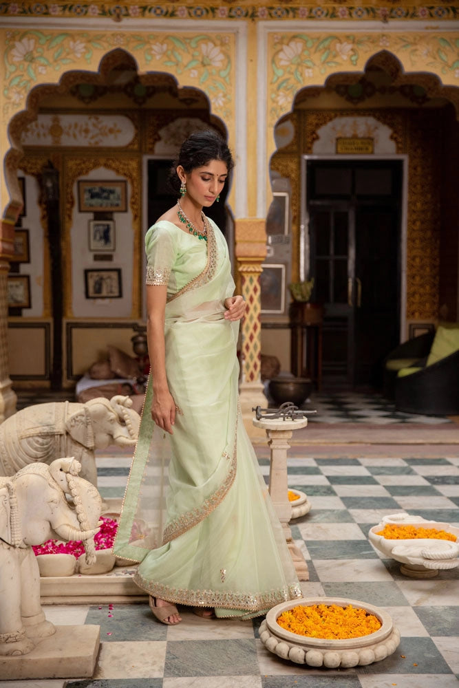 Sea Green Handcrafted Gota Patti Organza Saree
