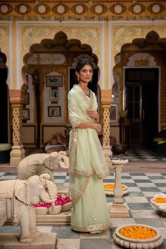Sea Green Handcrafted Gota Patti Organza Saree