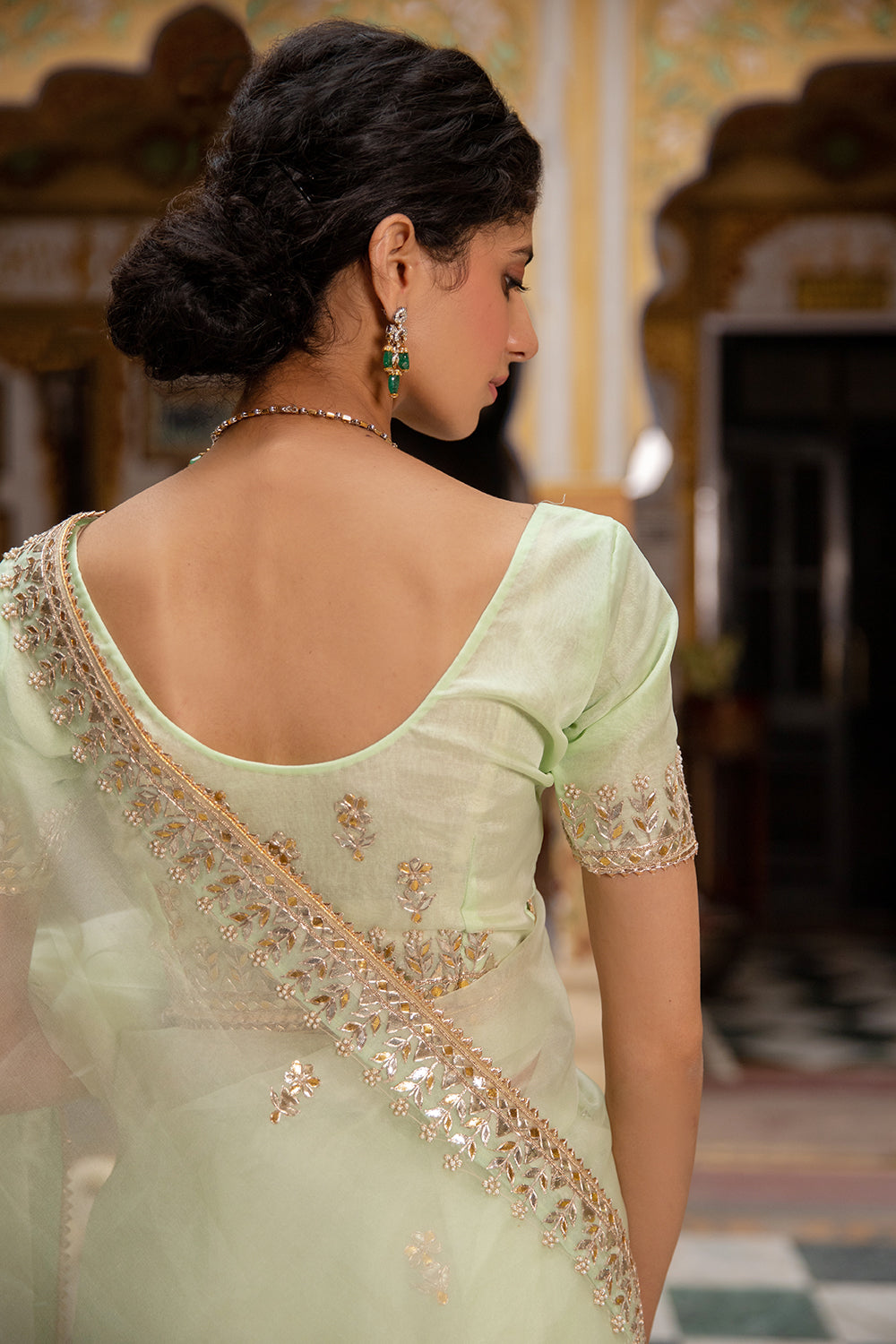 Sea Green Handcrafted Gota Patti Organza Saree