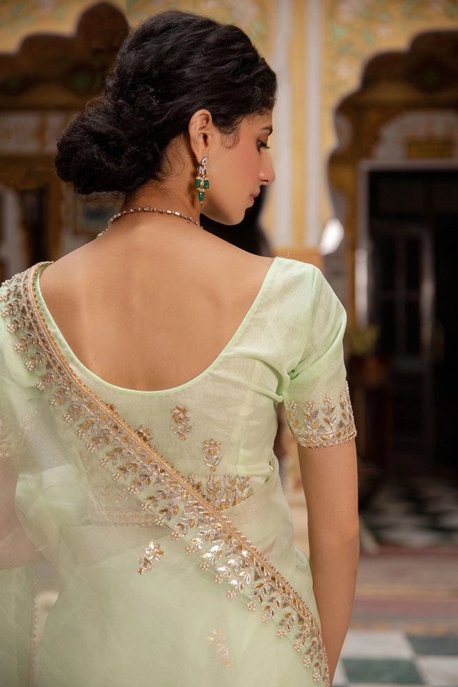 Sea Green Handcrafted Gota Patti Organza Saree