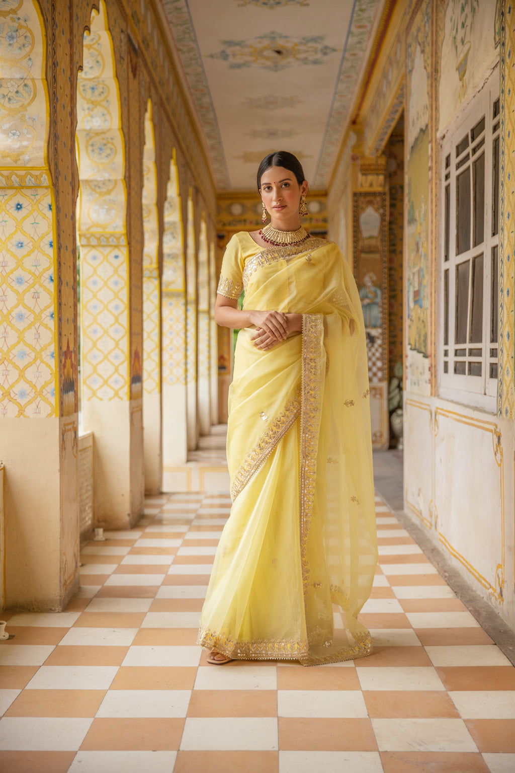 Yellow Handcrafted Gota Patti Organza Saree