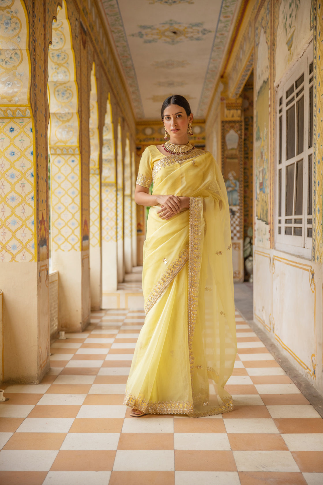 Yellow Handcrafted Gota Patti Organza Saree