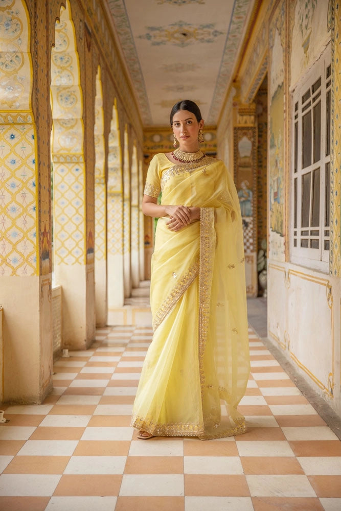 Yellow Handcrafted Gota Patti Organza Saree