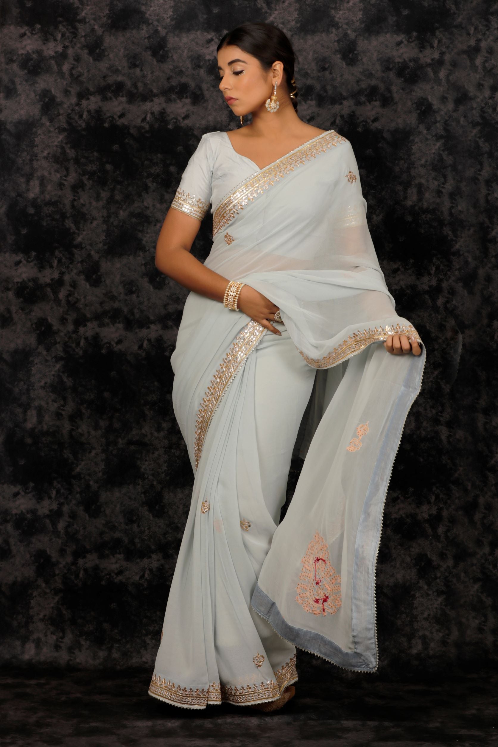 Grey Hand Embroidered Gota Patti Pure Georgette Saree