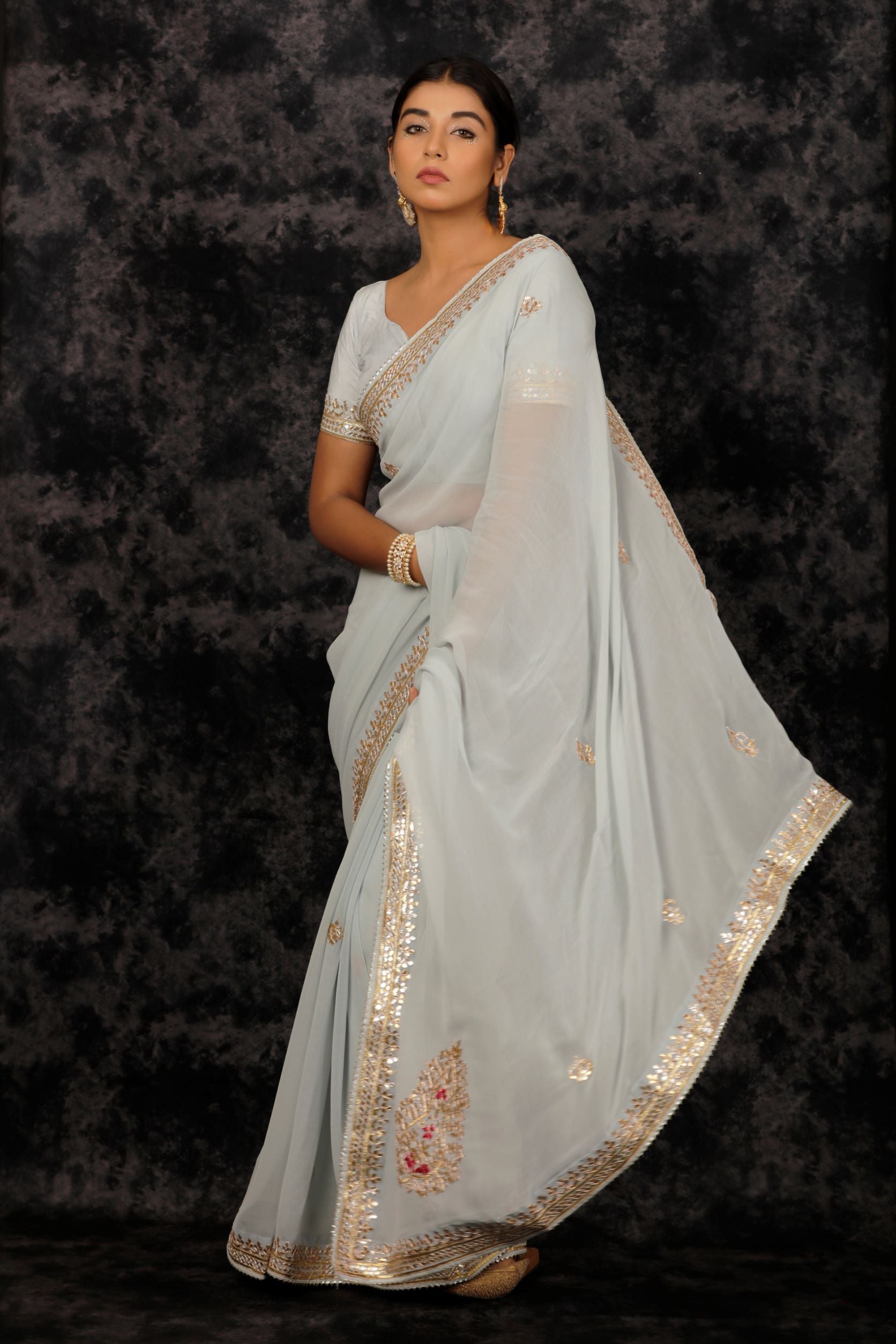 Grey Hand Embroidered Gota Patti Pure Georgette Saree
