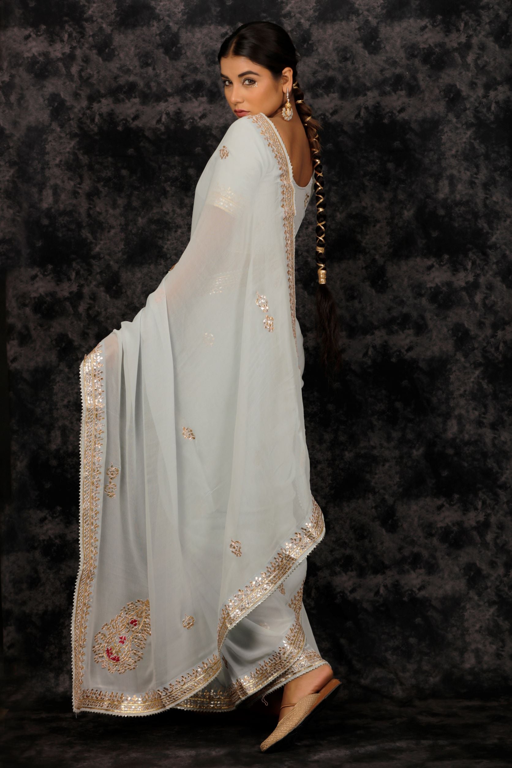 Grey Hand Embroidered Gota Patti Pure Georgette Saree
