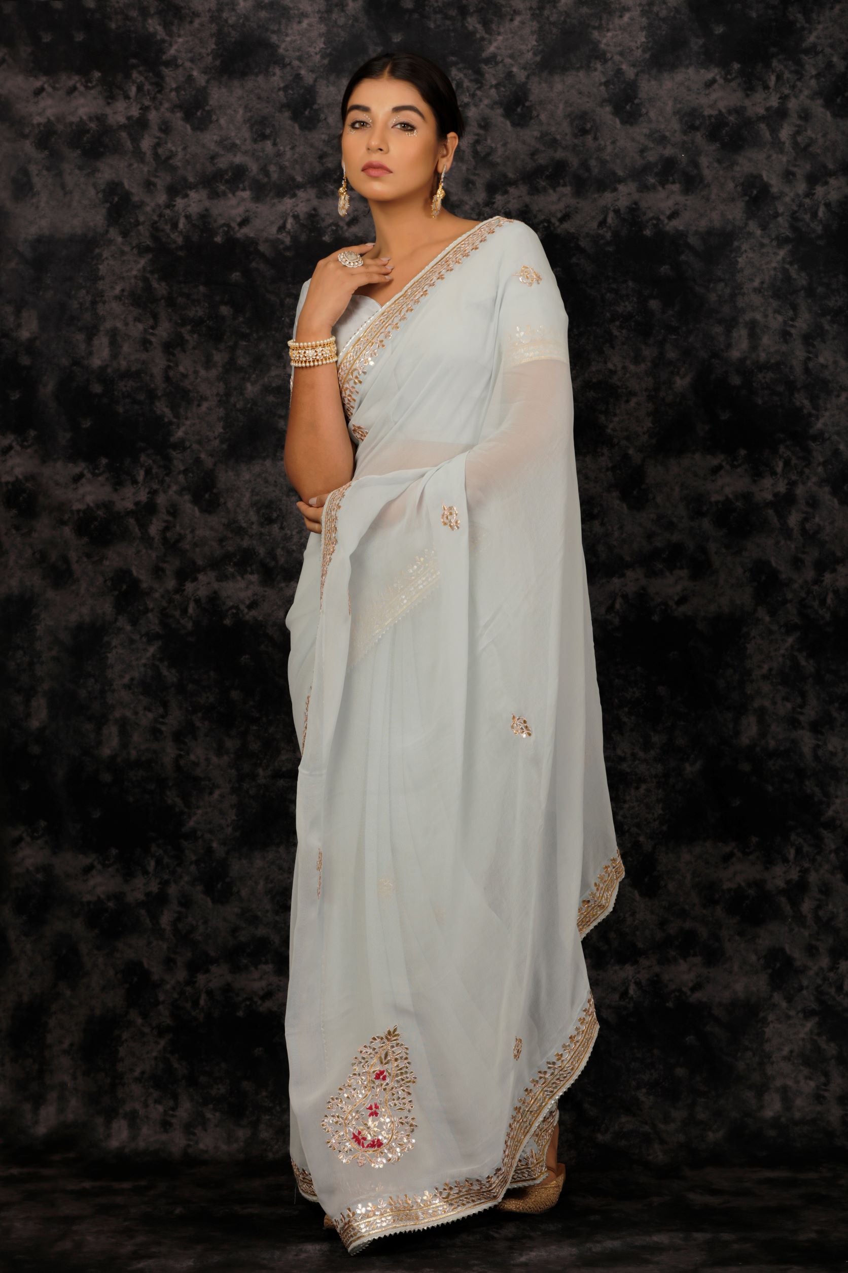 Grey Hand Embroidered Gota Patti Pure Georgette Saree