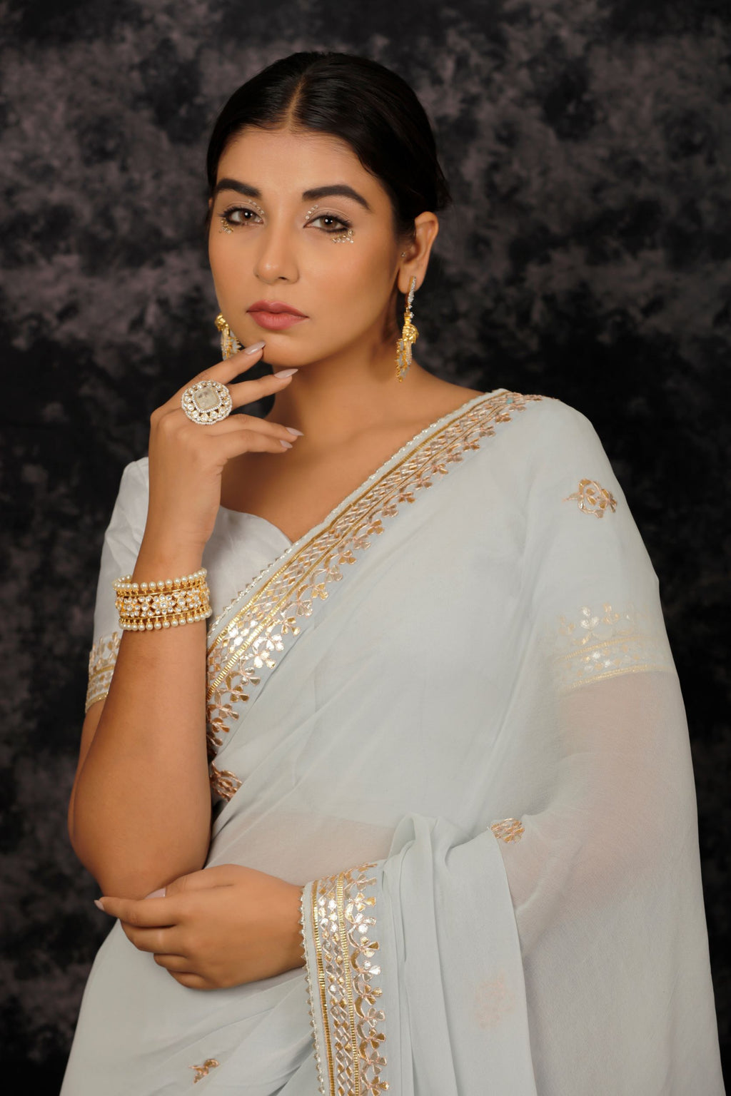 Grey Hand Embroidered Gota Patti Pure Georgette Saree