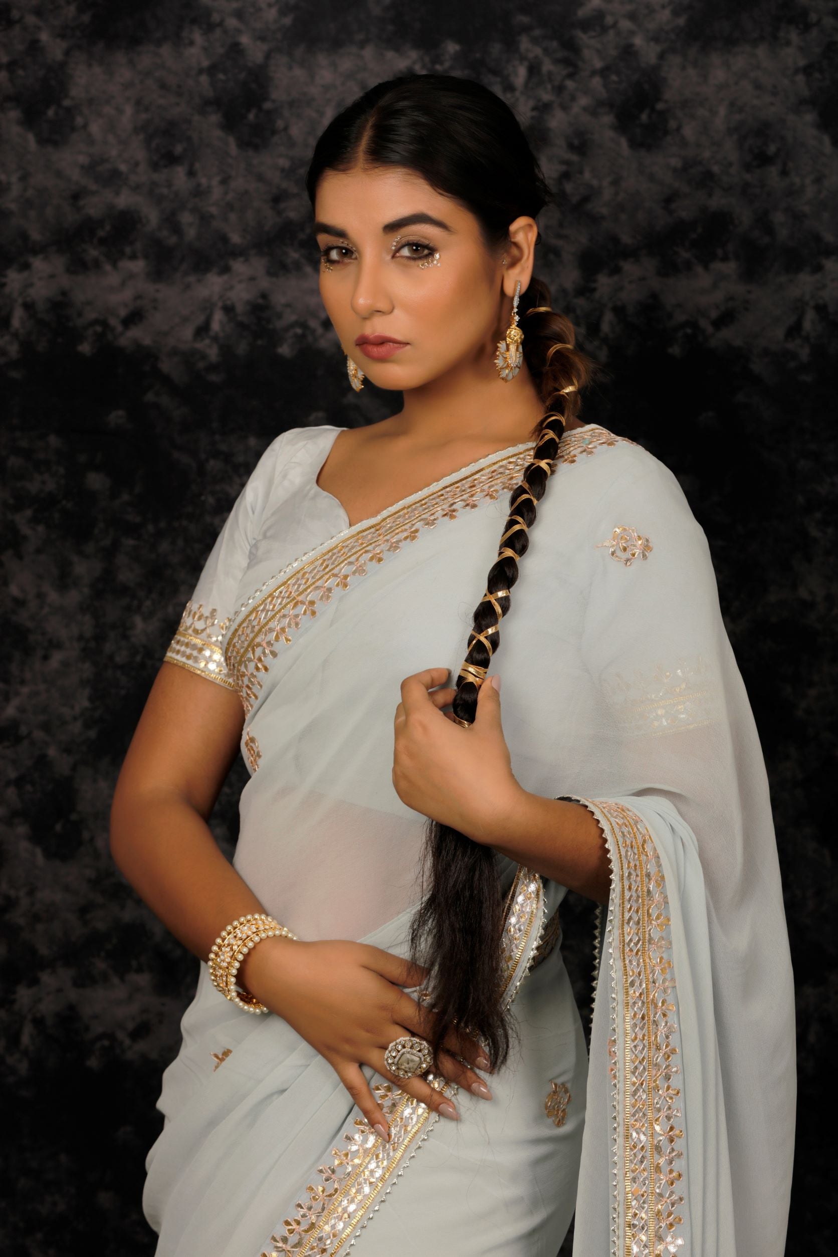 Grey Hand Embroidered Gota Patti Pure Georgette Saree