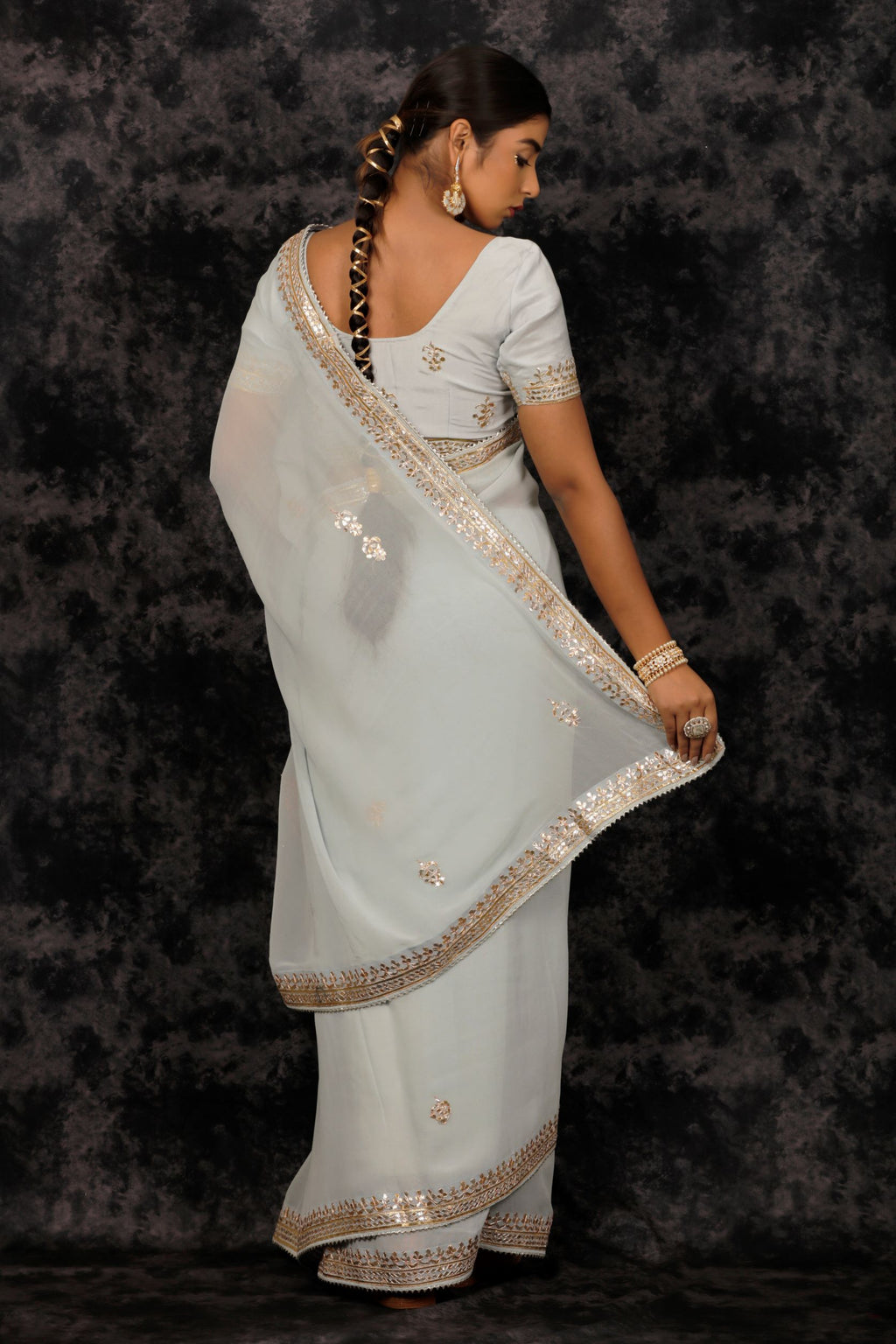Grey Hand Embroidered Gota Patti Pure Georgette Saree