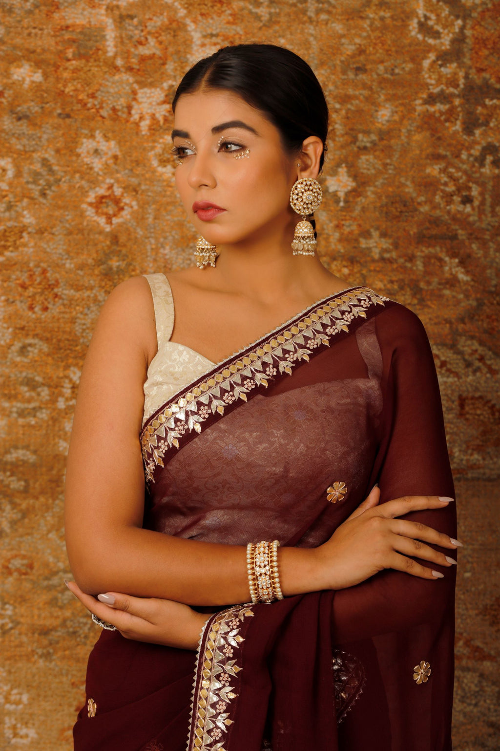 Wine Hand Embroidered Gota Patti Pure Georgette Saree