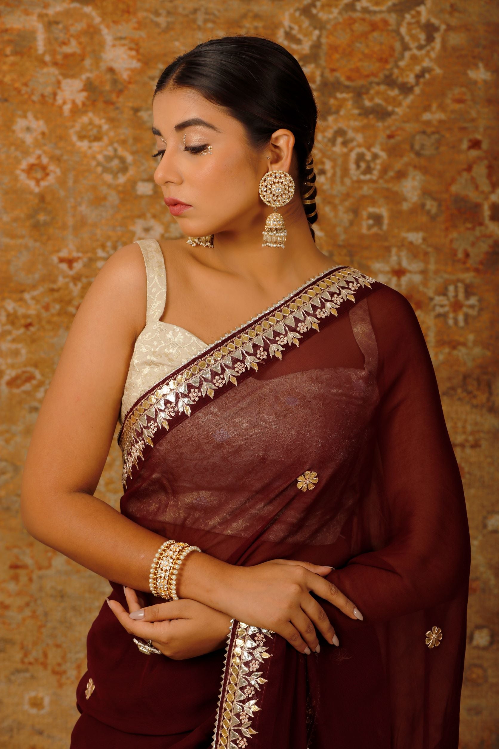 Wine Hand Embroidered Gota Patti Pure Georgette Saree