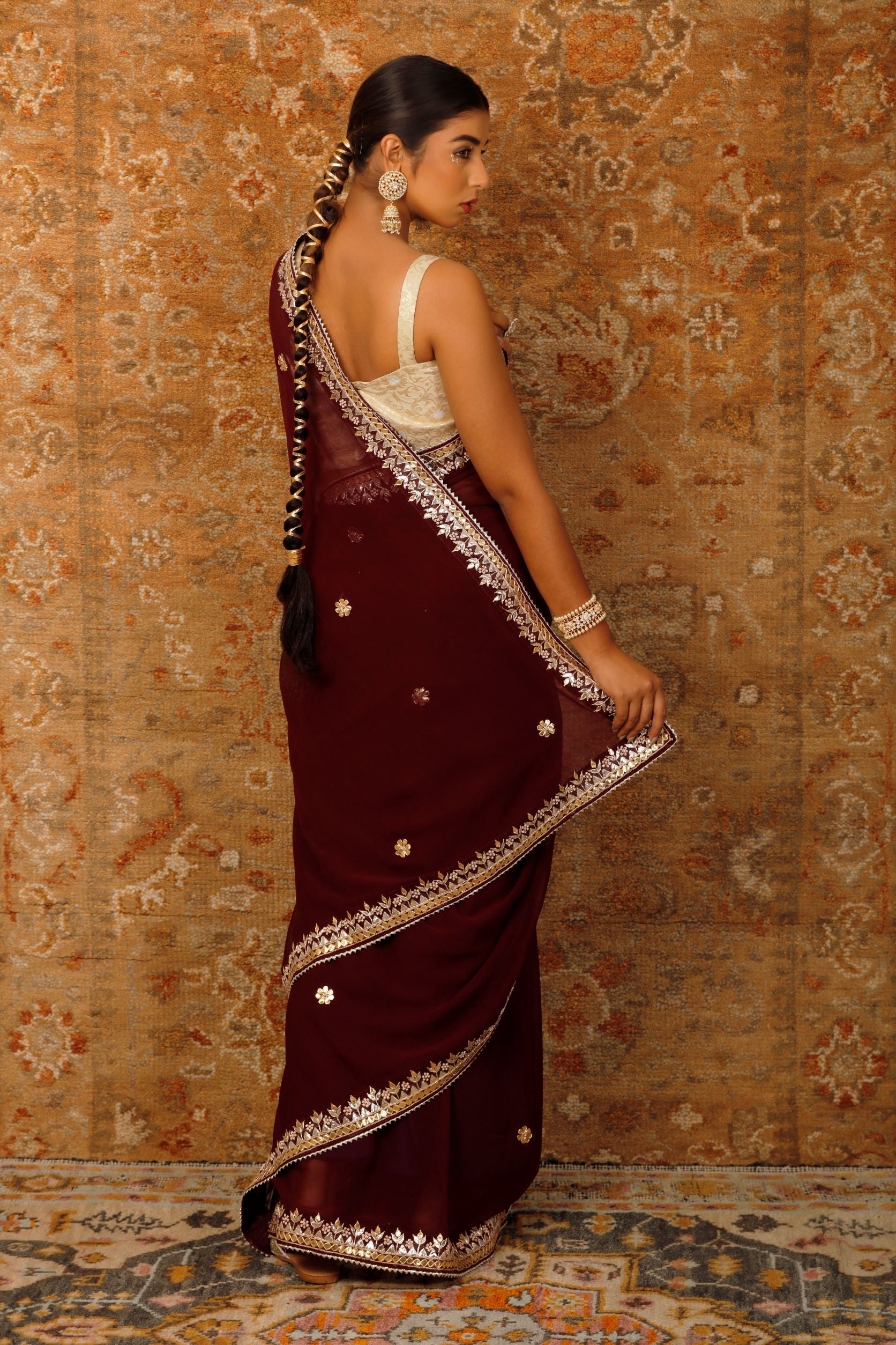 Wine Hand Embroidered Gota Patti Pure Georgette Saree