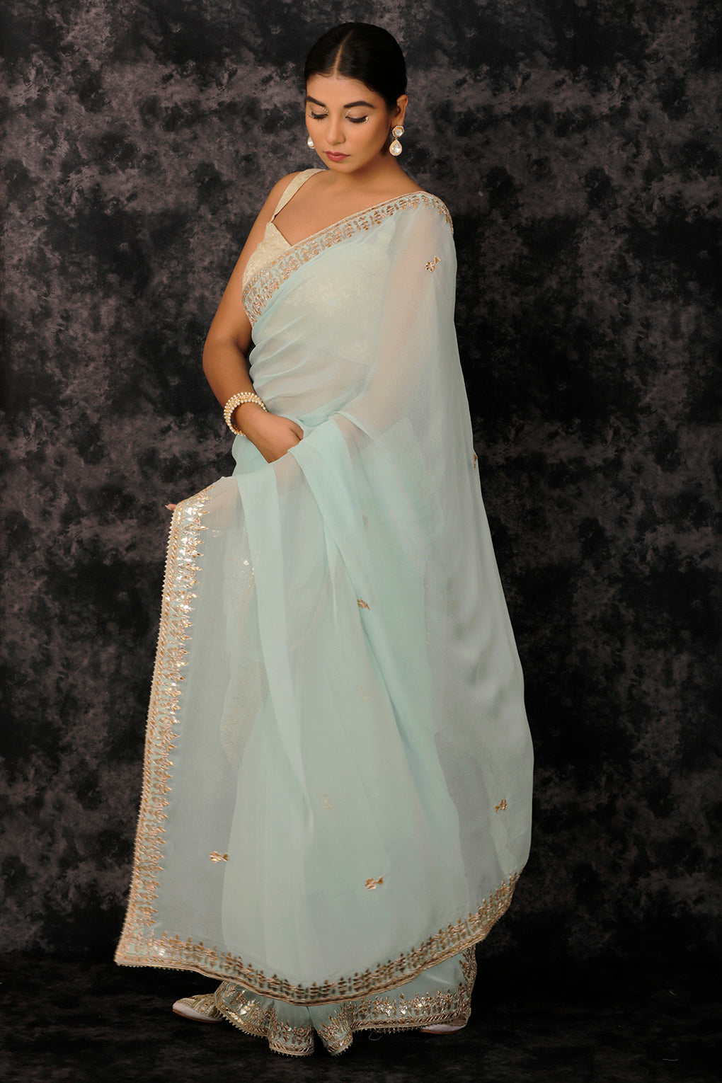 Blue Hand Embroidered Gota Patti Georgette Saree