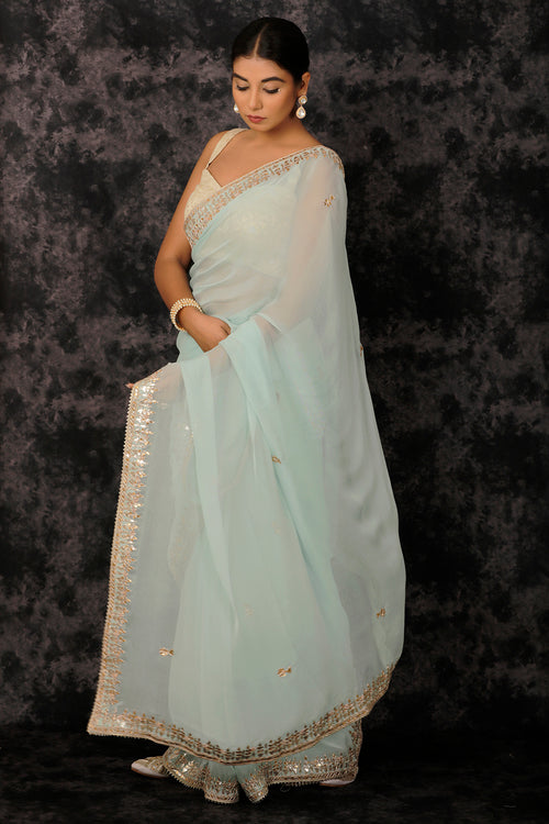 Blue Hand Embroidered Gota Patti Georgette Saree