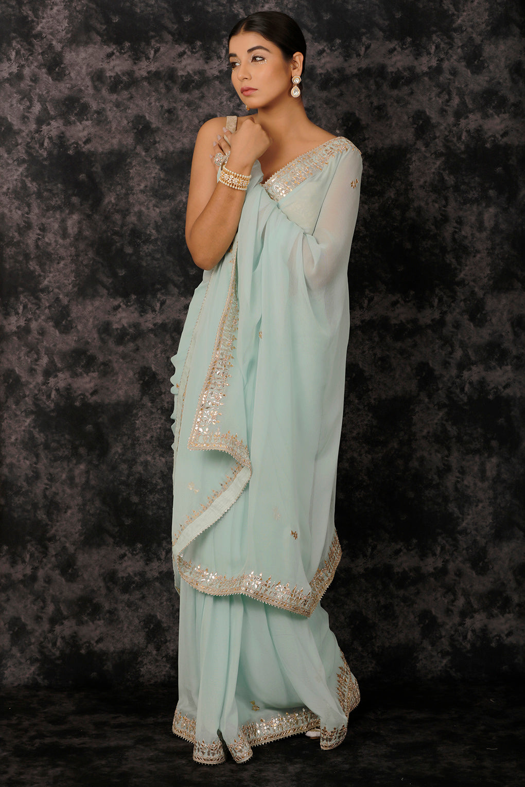 Blue Hand Embroidered Gota Patti Georgette Saree
