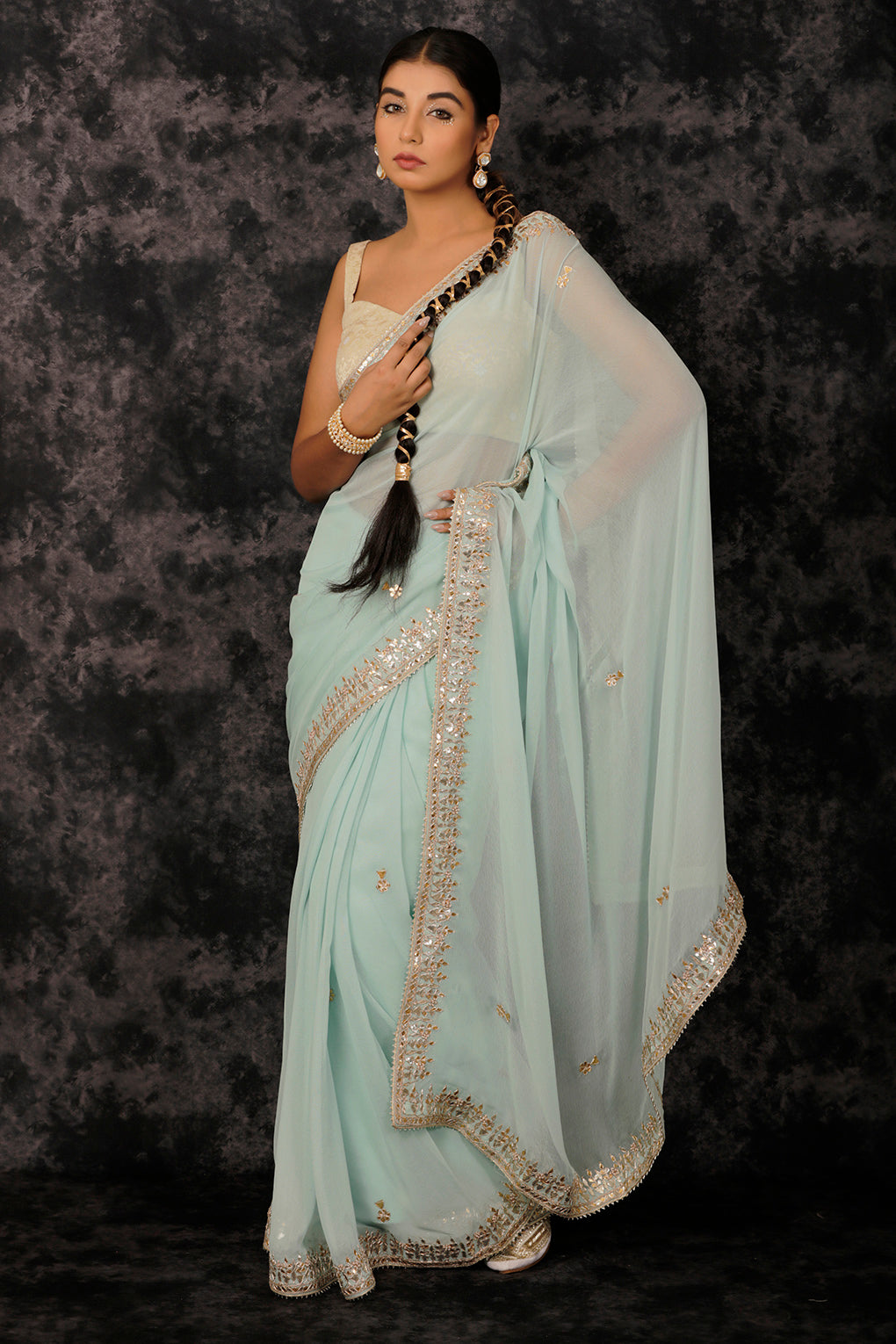 Blue Hand Embroidered Gota Patti Georgette Saree