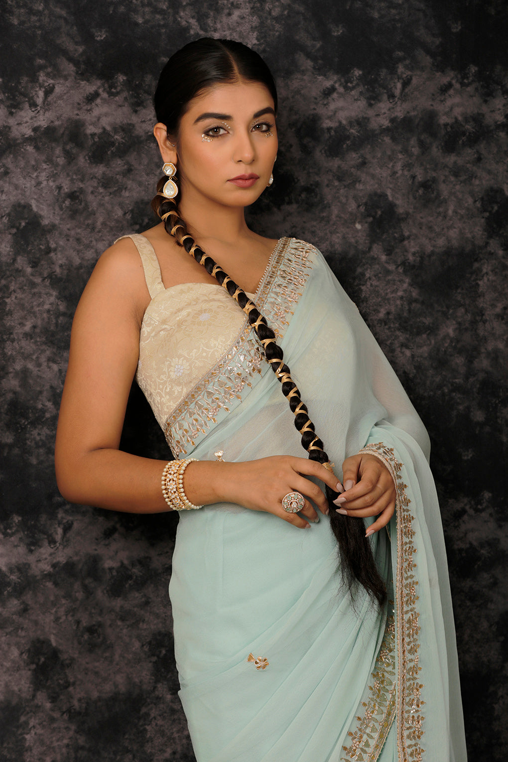 Blue Hand Embroidered Gota Patti Georgette Saree