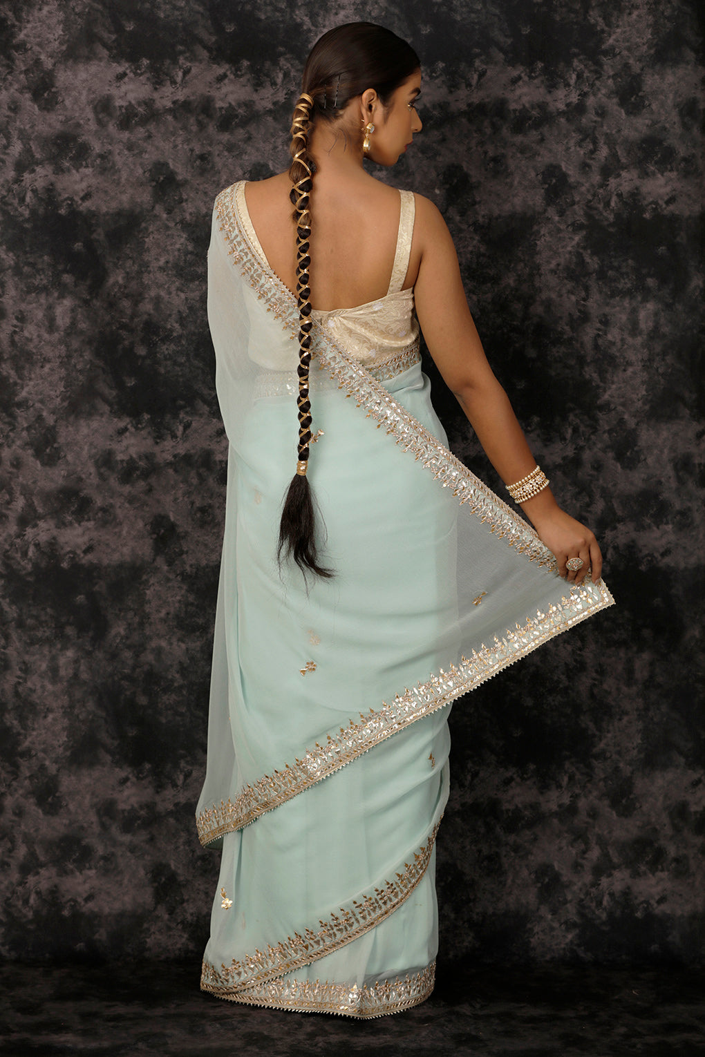 Blue Hand Embroidered Gota Patti Georgette Saree