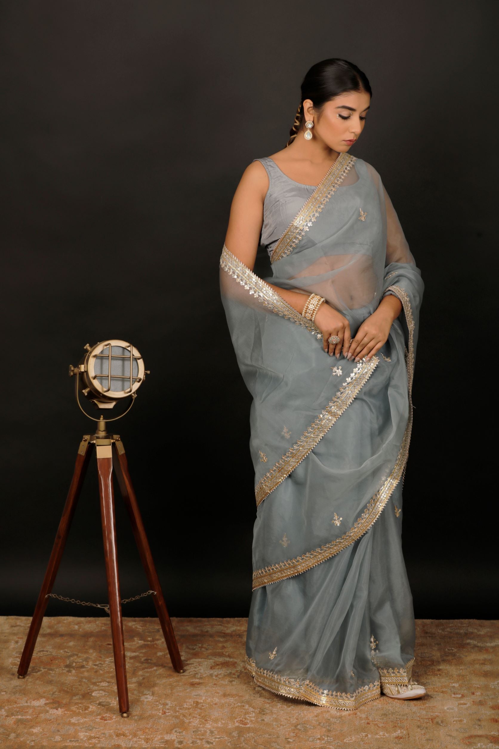 Grey Handcrafted Gota Patti Organza Saree