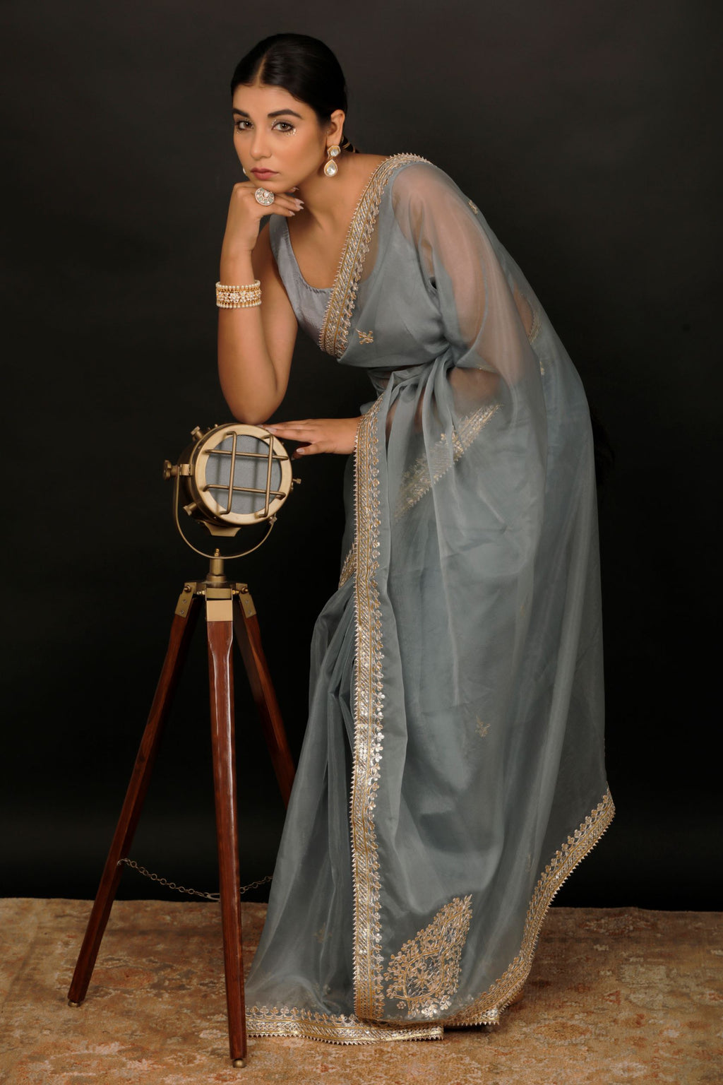 Grey Handcrafted Gota Patti Organza Saree