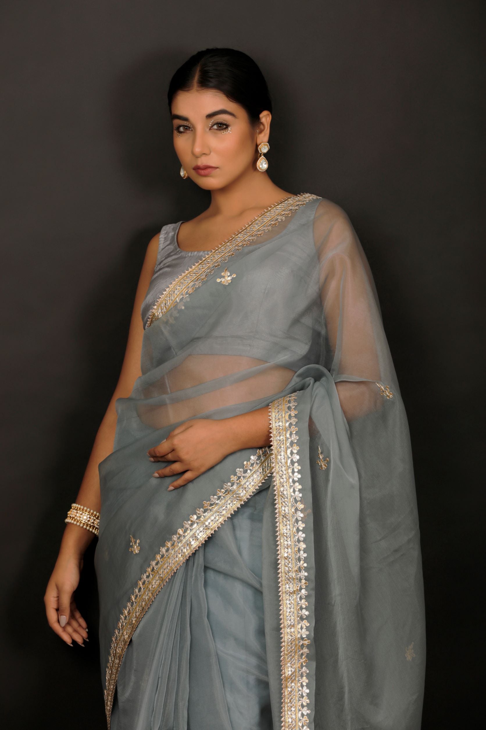 Grey Handcrafted Gota Patti Organza Saree
