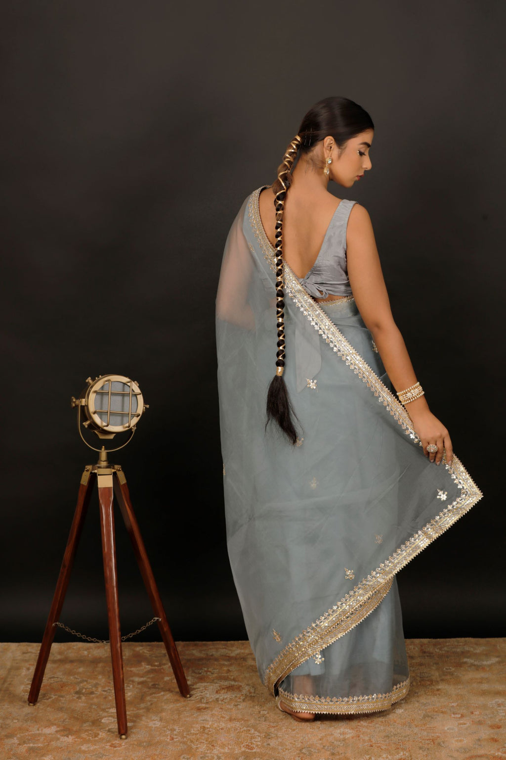 Grey Handcrafted Gota Patti Organza Saree