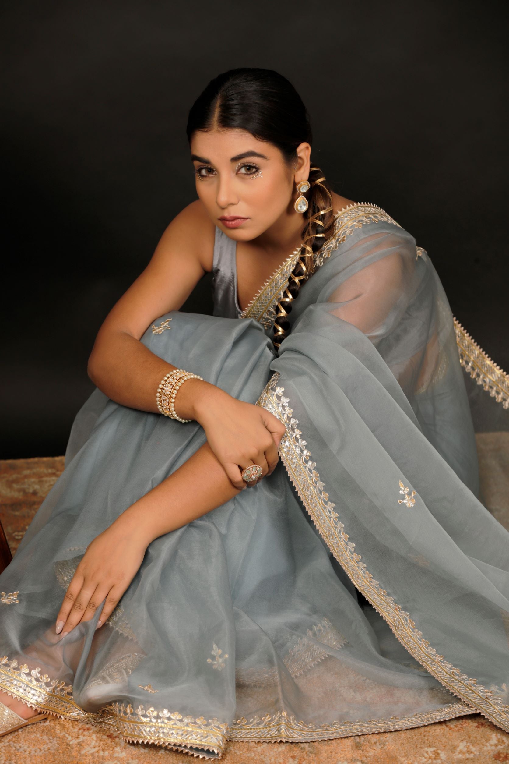 Grey Handcrafted Gota Patti Organza Saree
