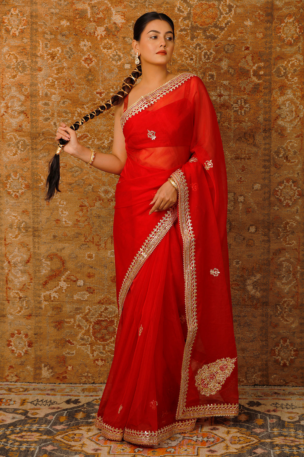 Red Handcrafted Embellished Gota Patti Organza Saree