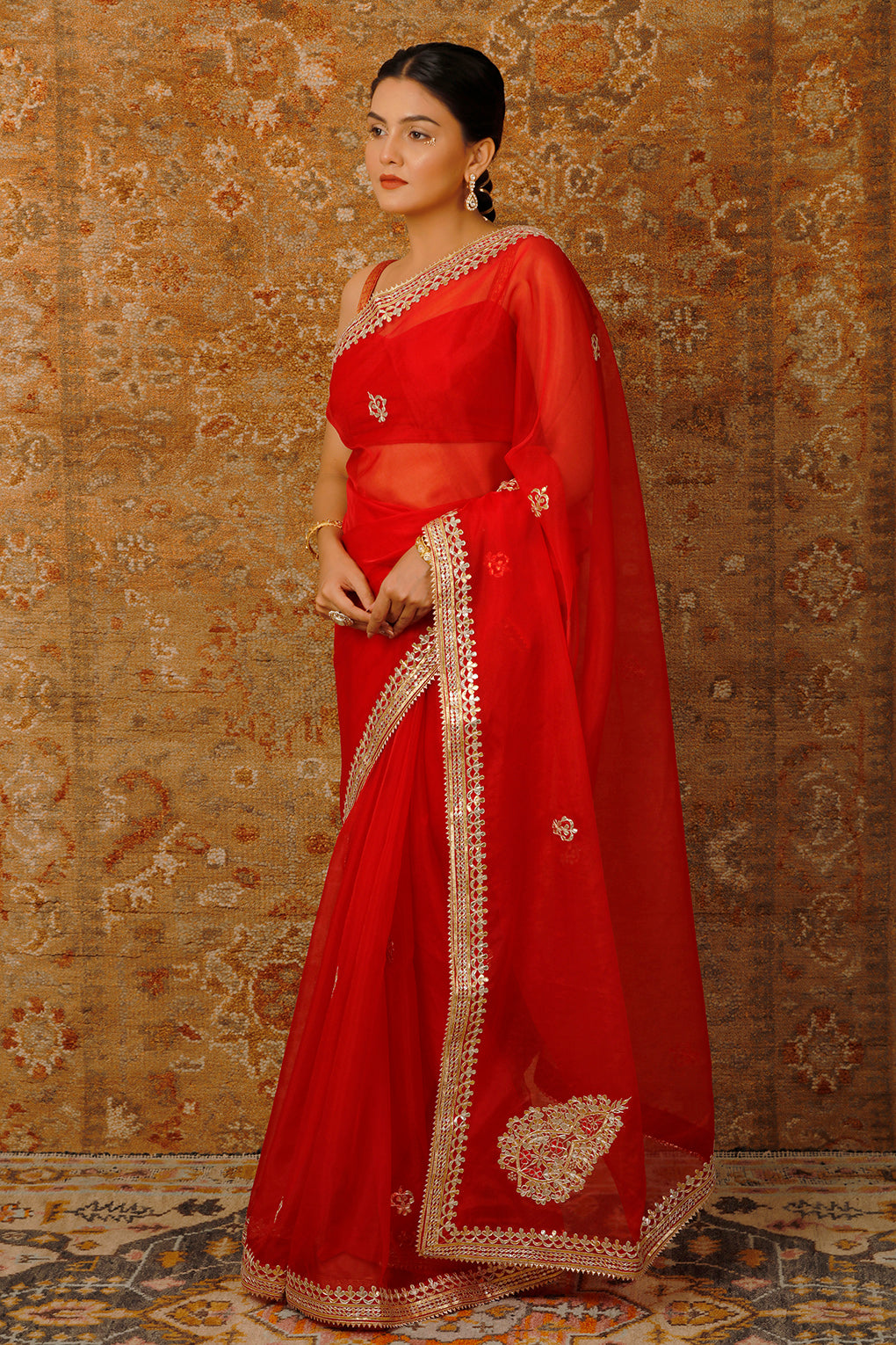Red Handcrafted Embellished Gota Patti Organza Saree
