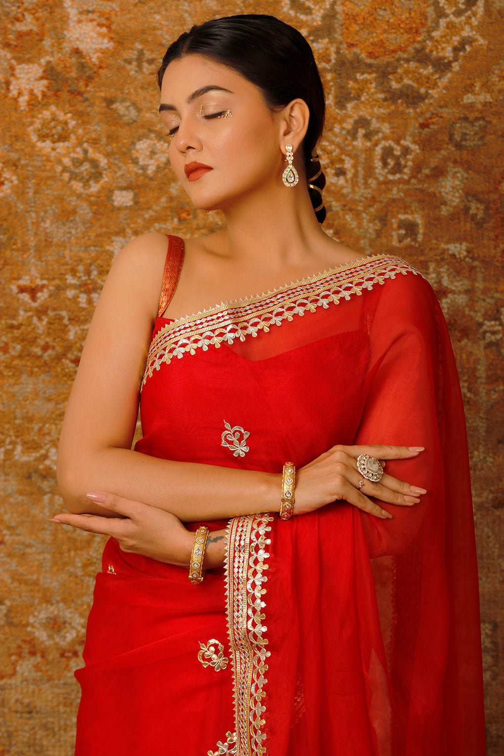 Red Handcrafted Embellished Gota Patti Organza Saree
