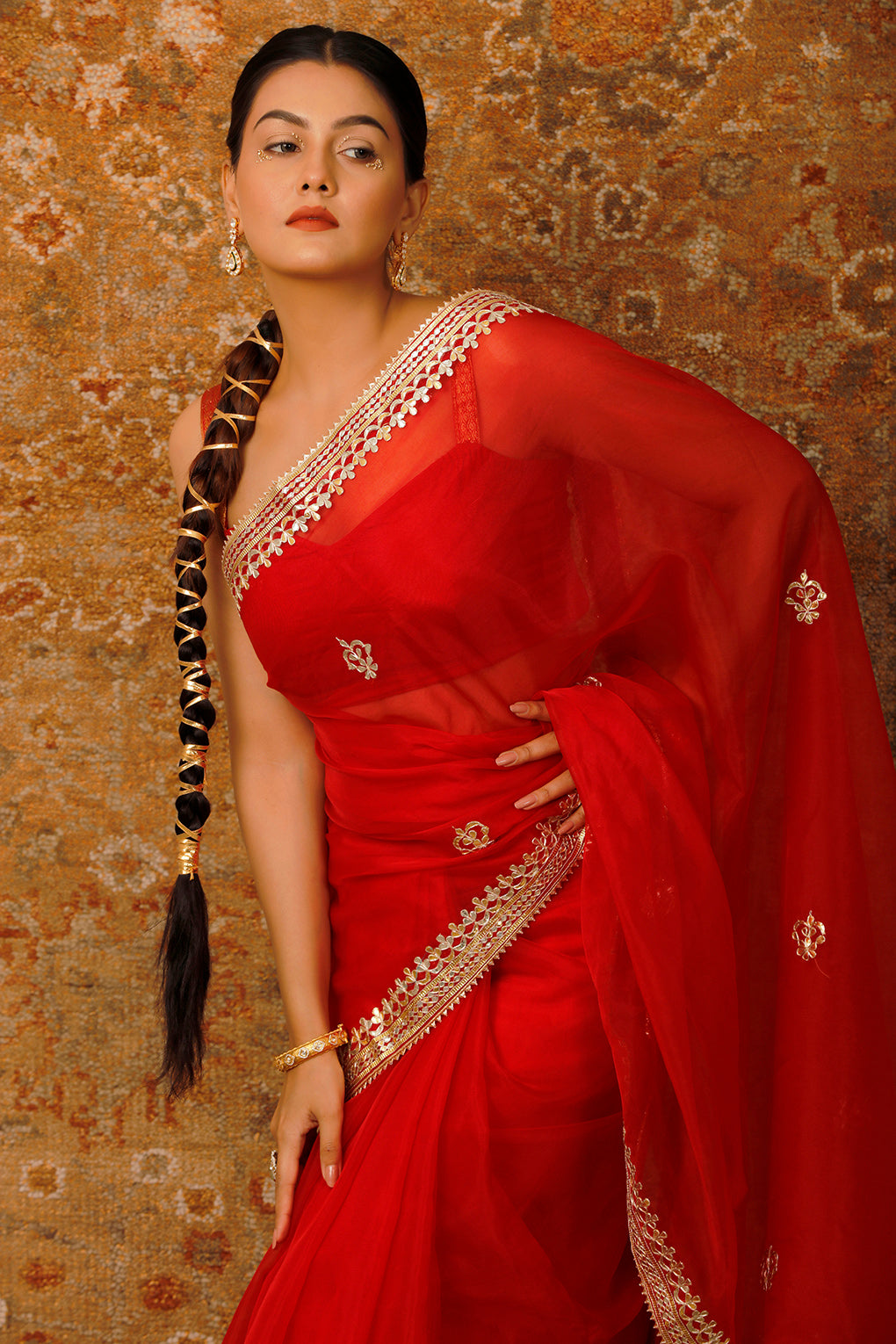 Red Handcrafted Embellished Gota Patti Organza Saree