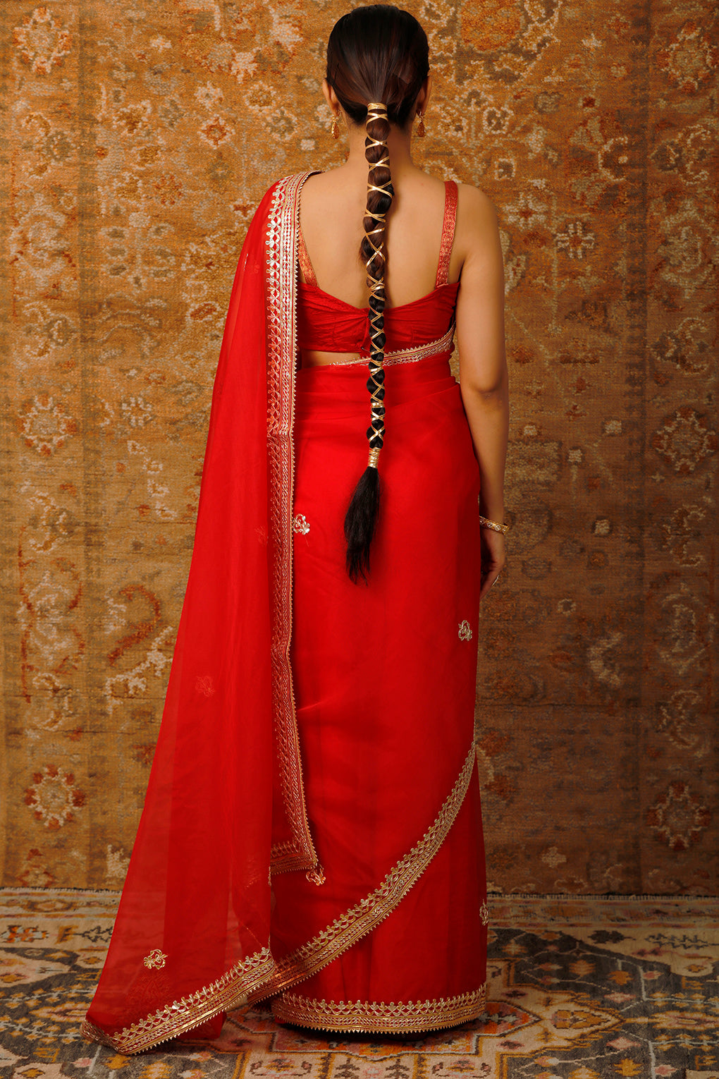 Red Handcrafted Embellished Gota Patti Organza Saree