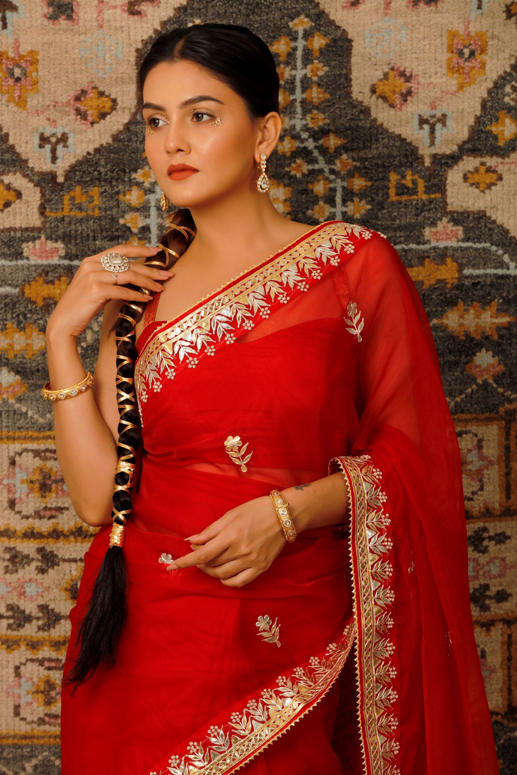 Red Handcrafted Gota Patti Organza Saree