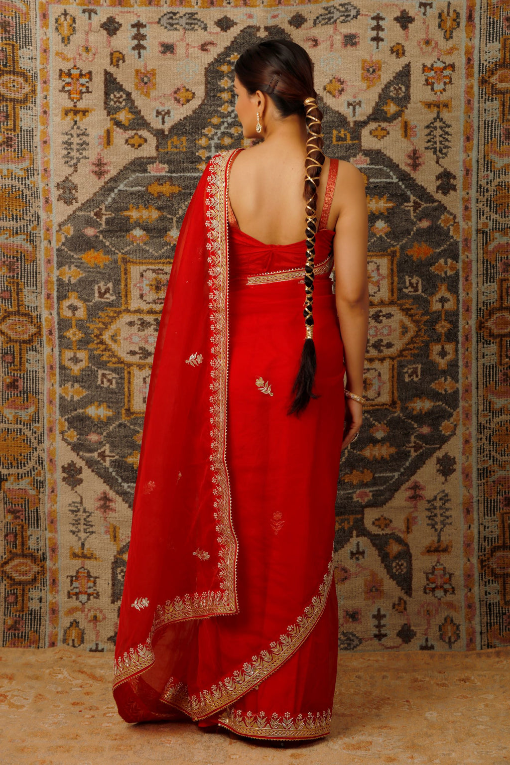 Red Handcrafted Gota Patti Organza Saree