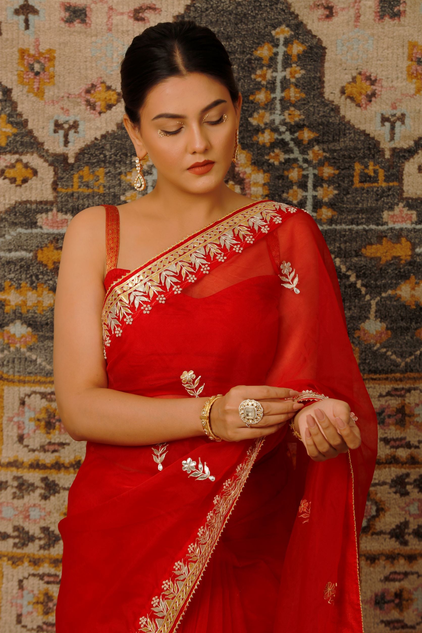 Red Handcrafted Gota Patti Organza Saree