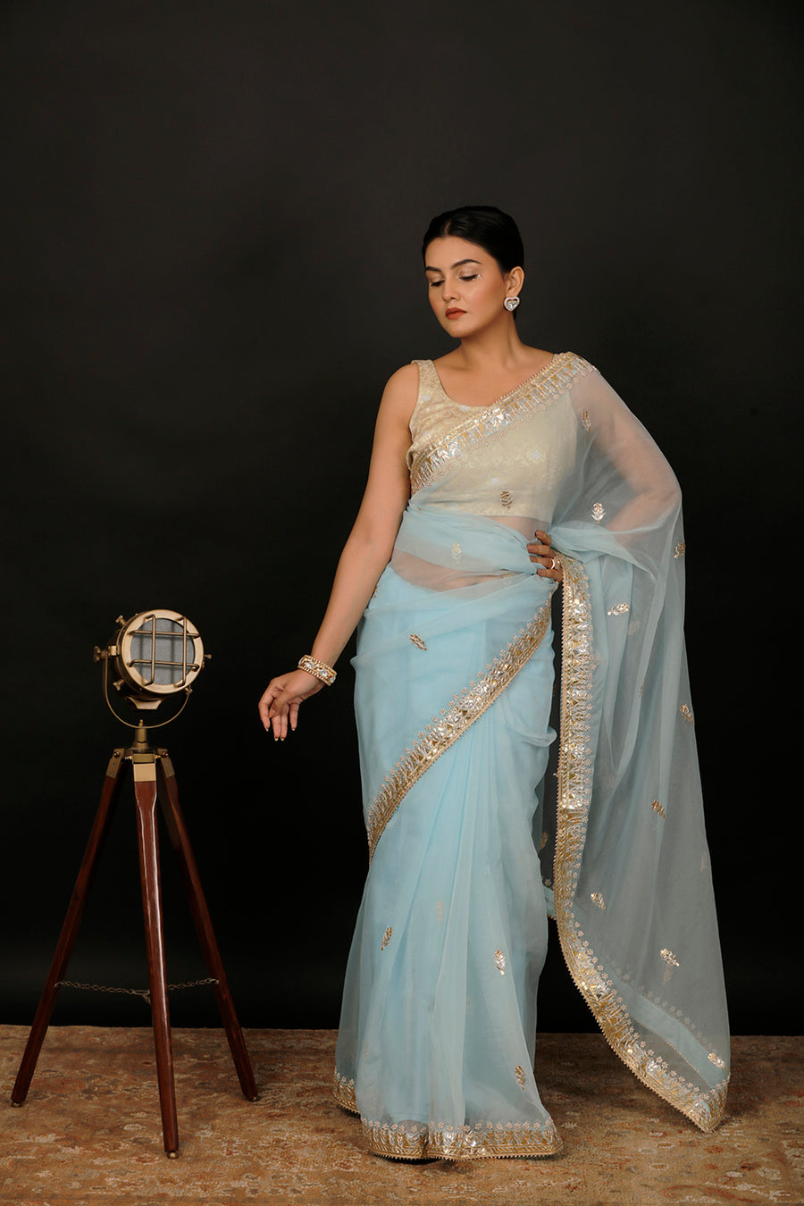 Blue Hand Embroidered Gota Patti Organza Saree
