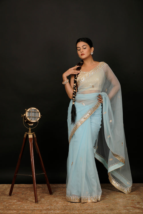 Blue Hand Embroidered Gota Patti Organza Saree