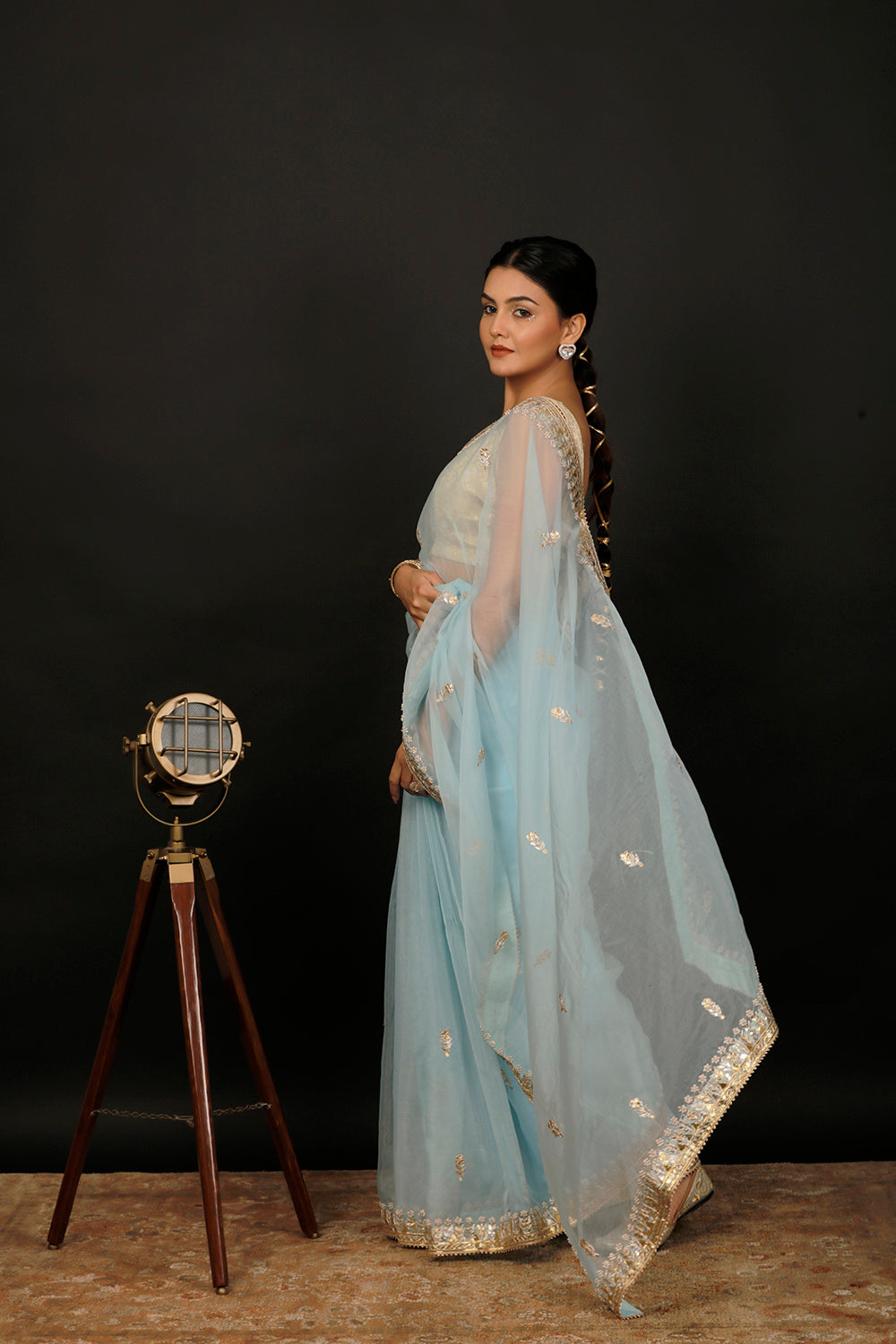 Blue Hand Embroidered Gota Patti Organza Saree