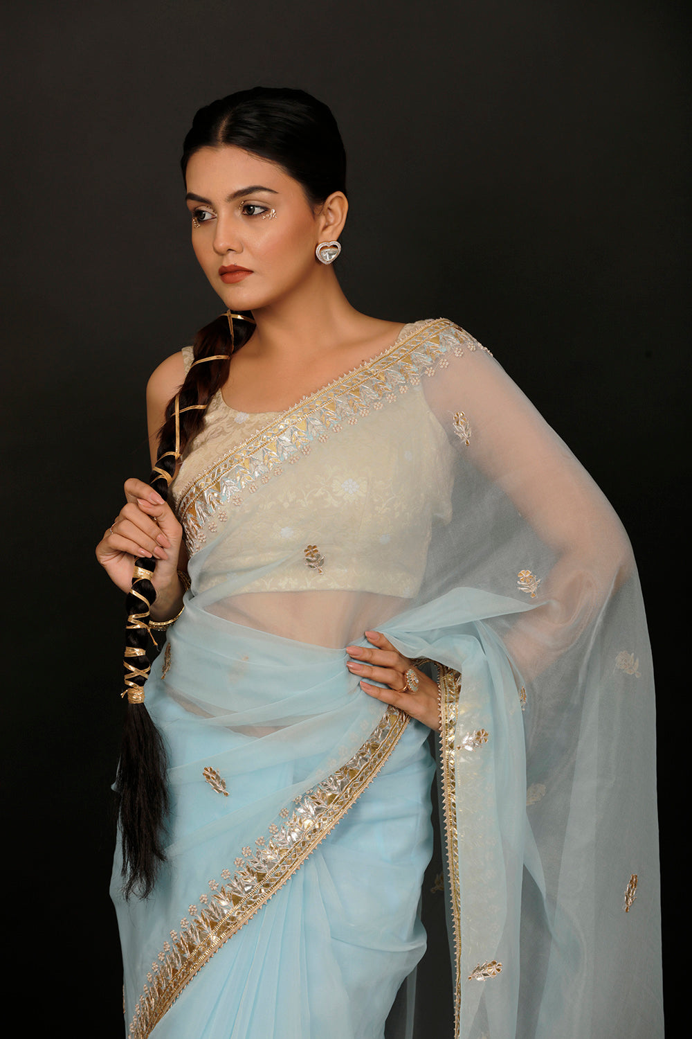 Blue Hand Embroidered Gota Patti Organza Saree