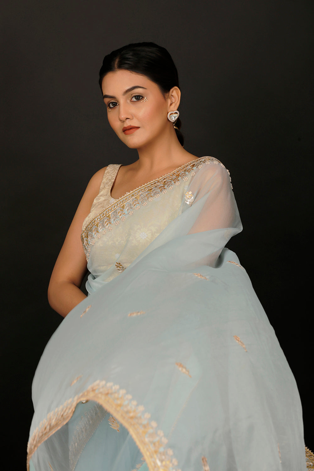 Blue Hand Embroidered Gota Patti Organza Saree